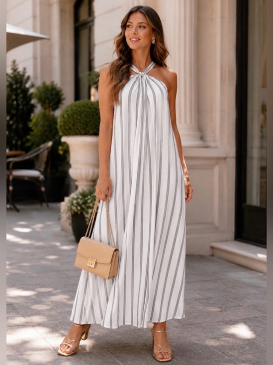 Lily Morgan Dresses & Skirts - Sleeveless Striped Halter Maxi Dress in White and Black